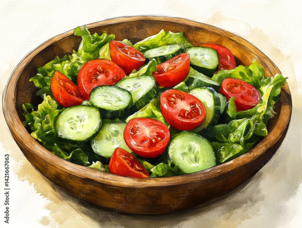 A country kitchen setting is where a rustic salad bowl filled with fresh leafy greens and tomatoes is made A country kitchen setting is where a rustic salad bowl filled with fresh leafy greens and tomatoes is made