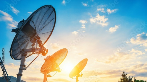 Satellite Communication Dishes Against a Bright Sunset Sky Broadcasting