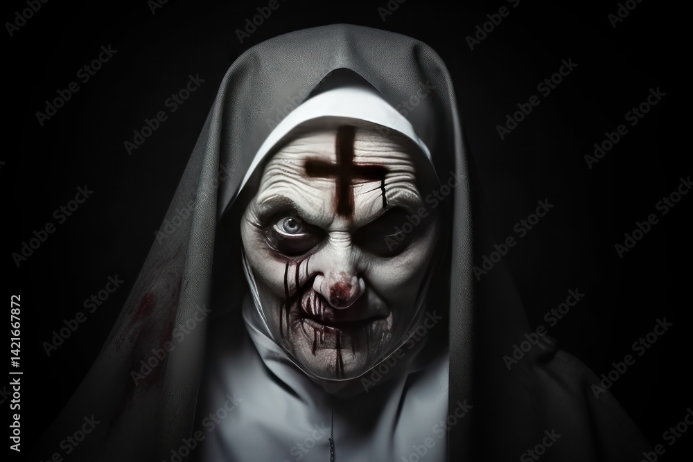 Evil Nun. Horror nun with blood on her body isolated on black. Female nun in a dark church with a cross Horror scene. Zombie woman evil nun. Evil Nun Halloween concept with copy space. Evil Nun. Horror nun with blood on her body isolated on black. Female nun in a dark church with a cross Horror scene. Zombie woman evil nun. Evil Nun Halloween concept with copy space.