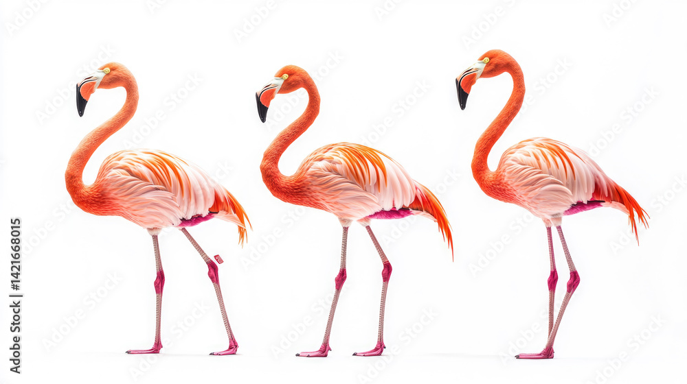 Fototapeta premium Three elegant flamingos showcasing vibrant plumage and distinct postures on white background