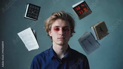 Tired student surrounded by documents and clocks.  Possible stock photo use