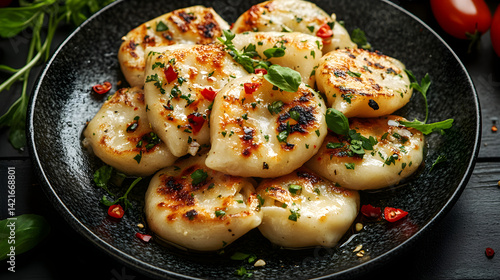 Pierogi served on dark grey textured plate with fresh garnish top view