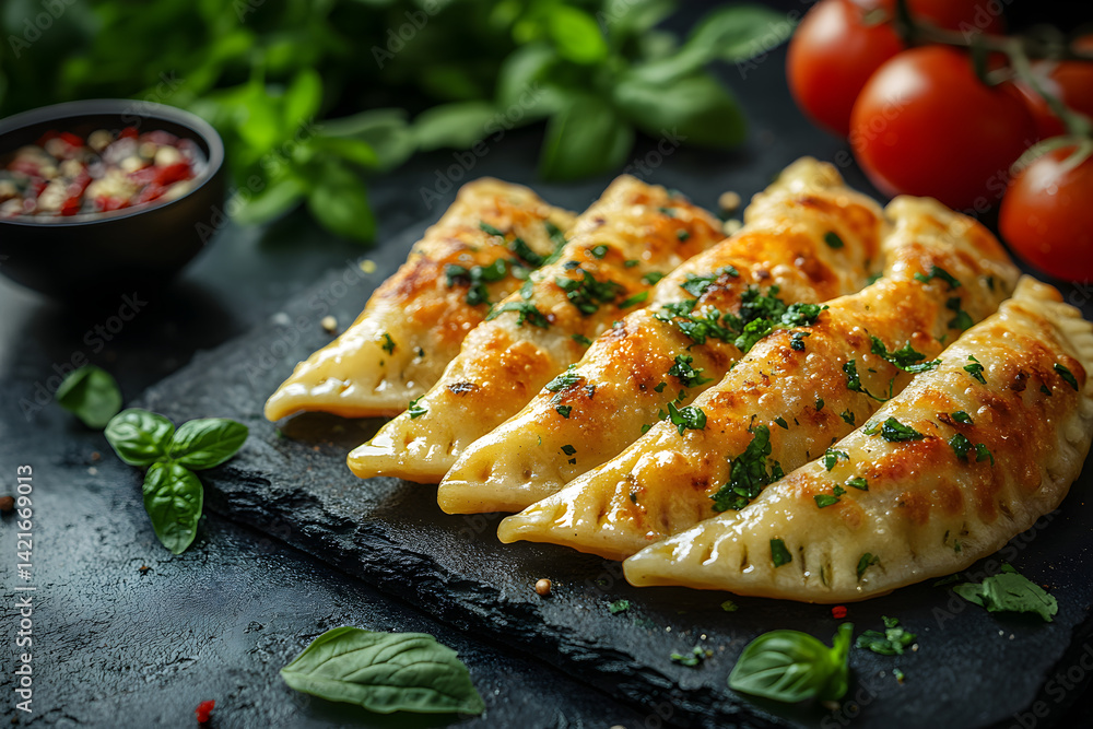 Pierogi styled on rustic black stone table with side ingredients
