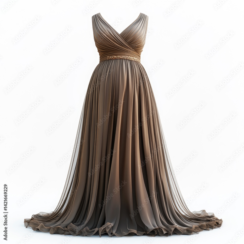 Naklejka premium Elegant long brown dress with flowing fabric and intricate detailing on white background