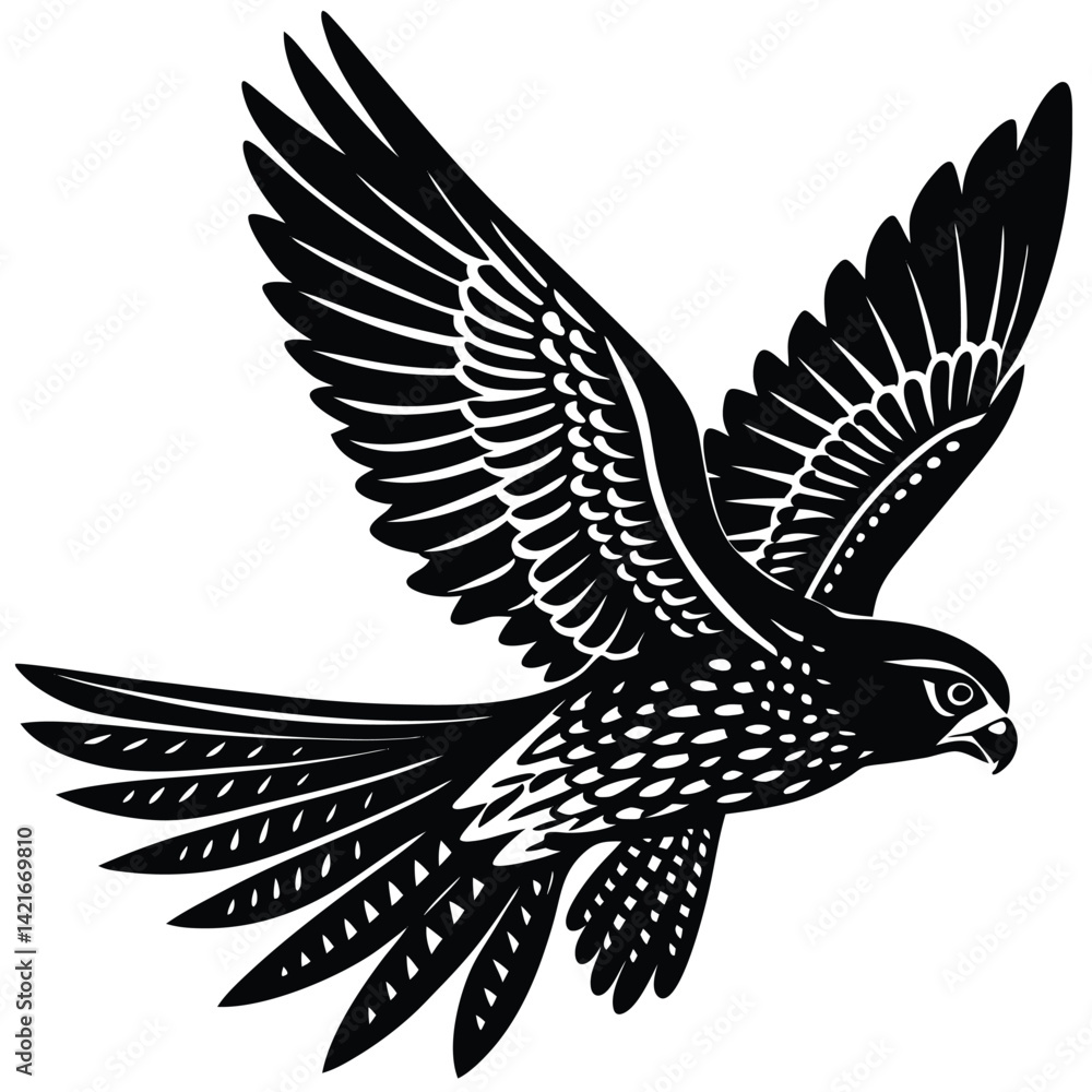 Obraz premium Black and White Falcon Illustration: Detailed Vector Graphic of a Bird of Prey in Flight, Wildlife Art, Animal Icon