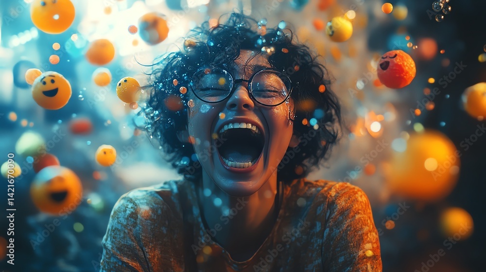 A person expressing emotions as multiple colorful emojis fly around, showcasing a vibrant and lively reaction. A person expressing emotions as multiple colorful emojis fly around, showcasing a vibrant and lively reaction.