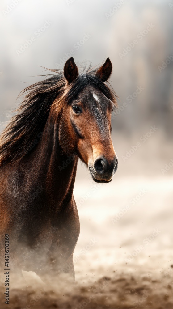 Fototapeta premium Majestic horse running through a dusty field under a cloudy sky at sunset, showcasing its beauty and grace in nature