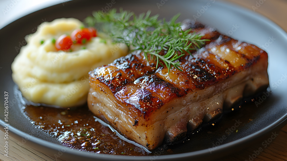Pork belly with crispy crackling and a side of mashed potatoes Pork belly with crispy crackling and a side of mashed potatoes