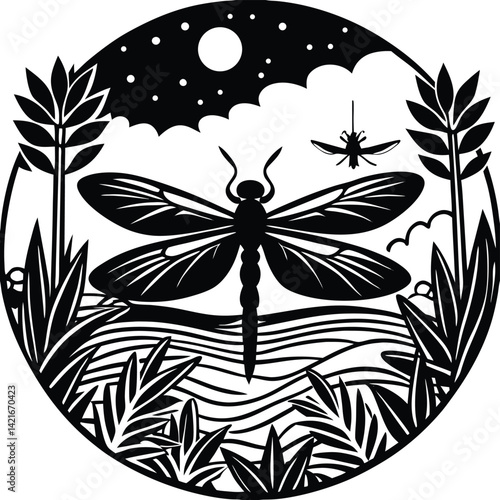 Dragonfly Silhouette Art: Night Scene with Moon, Water, and Reeds - Vector Illustration of Nature and Wildlife in Black and White