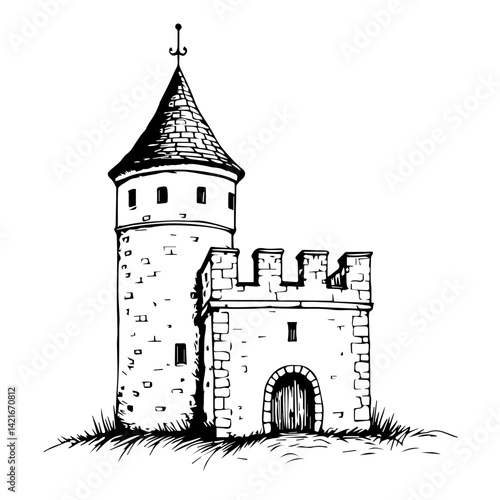 Illustrated medieval castle tower in black and white style  