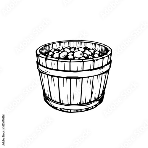 Rustic wooden bucket filled with colorful stones  
