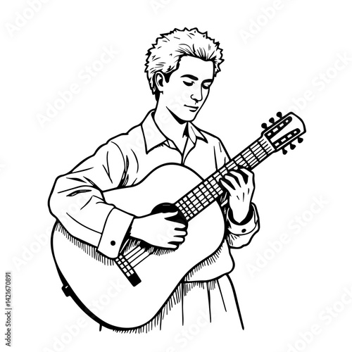 Young musician playing guitar in a monochrome style  