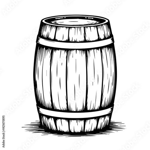 Wooden barrel illustration in monochrome style on white background  