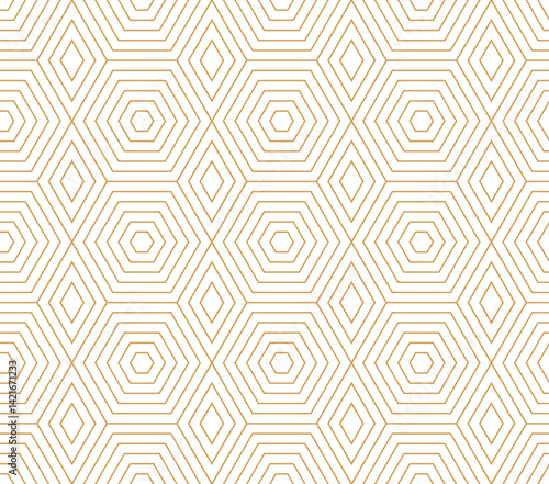 Modern geometric pattern featuring nested hexagons and elongated diamonds formed by thin gold lines on a clean white background.