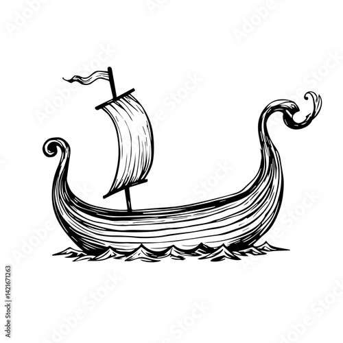 Viking Ship Illustration on Waves in Monochrome Style  