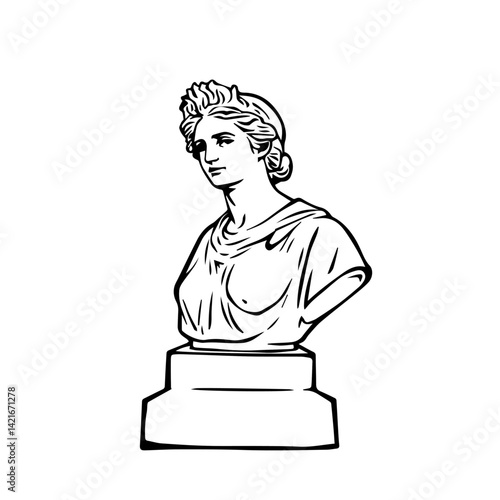 Classical bust of a young woman in detailed line art style  