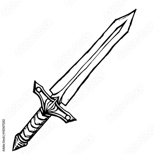 Fantasy sword illustration in black and white outline style  