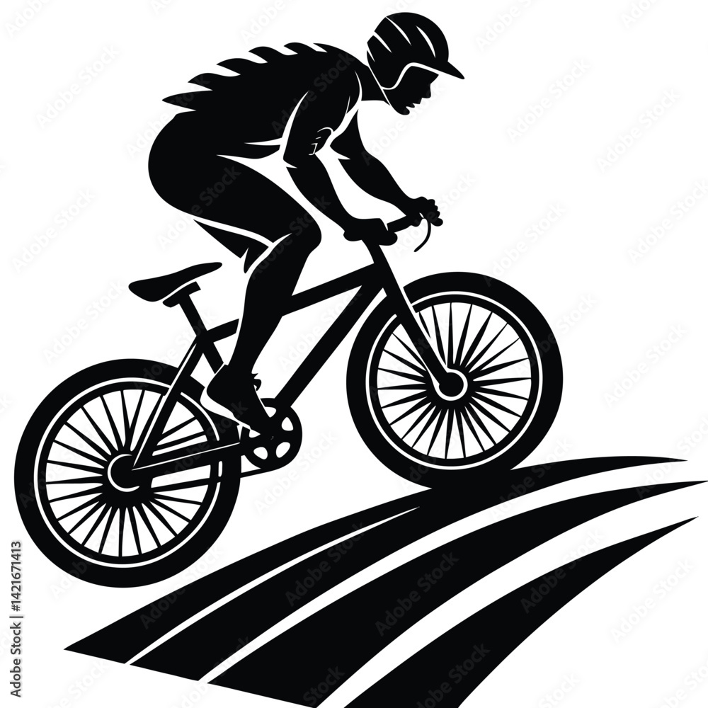 Naklejka premium Mountain Biker Silhouette: Cyclist Riding Bike on Trail, Vector Illustration for Sports, Recreation, and Outdoor Adventure Designs