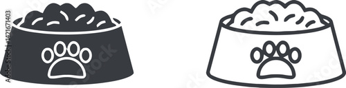 Pet Food Bowl Icons: Minimalist Line Art with Paw Print for Animal Care Graphics