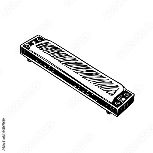 Harmonica illustration in sketch style black and white  