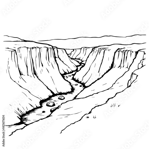 Black and white sketch of a river winding through canyon landscape  
