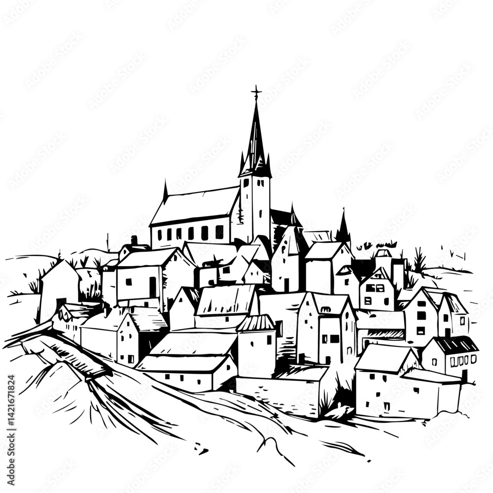 Naklejka premium Black and white sketch of a quaint village with church 