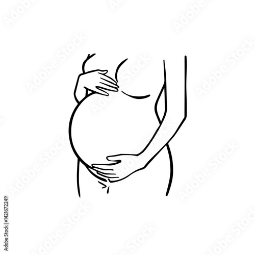 Pregnant woman cradling belly in minimalistic line art  