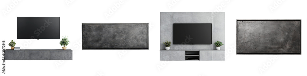 Concrete-textured wall-mounted TV cabinet with hidden storage Concrete-textured wall-mounted TV cabinet with hidden storage