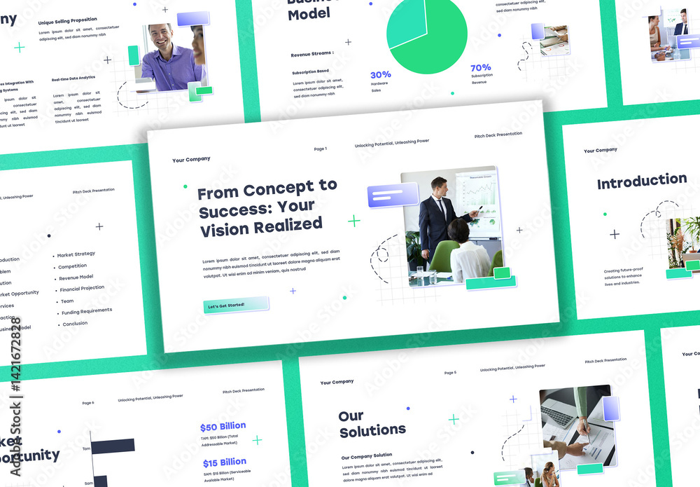 White Blue Green Modern Creative Pitch Deck Presentation Stock Template ...