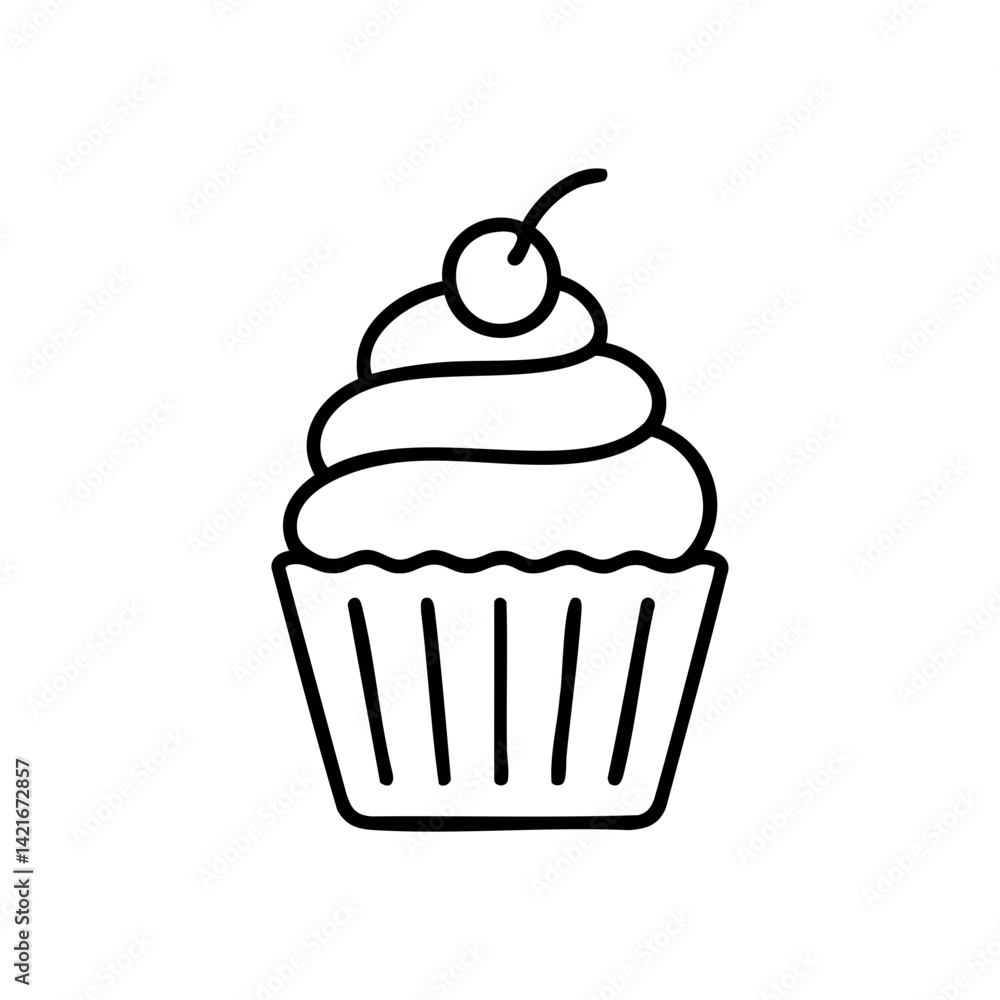 Simple black and white line illustration of a cupcake with swirl frosting and cherry, ideal for bakery logos, dessert menus, or sweet-themed designs. Simple black and white line illustration of a cupcake with swirl frosting and cherry, ideal for bakery logos, dessert menus, or sweet-themed designs.