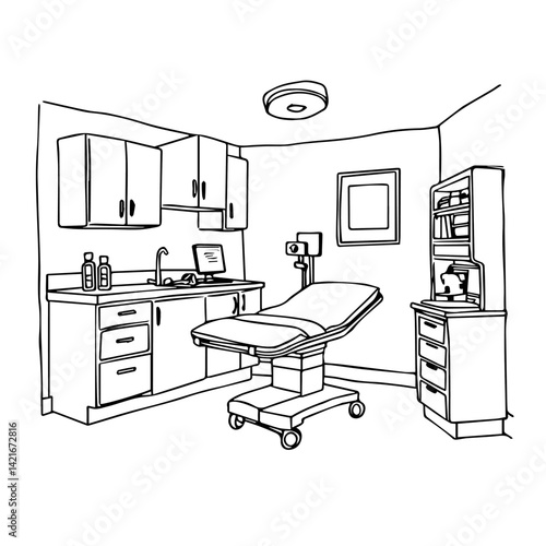 Medical examination room sketch in black and white design  