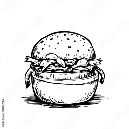 Hand-drawn burger illustration with toppings in black and white  