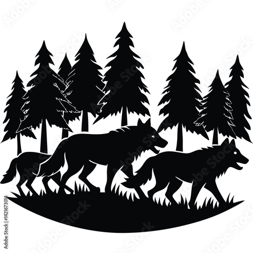 Silhouette of Wolves in Forest: Black and White Vector Illustration of Wolves Pack in Pine Tree Landscape, Nature Wildlife Art