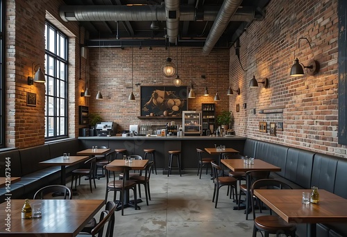 Industrial-Chic Restaurant Interior: Exposed Brick, Dark Wood Tables