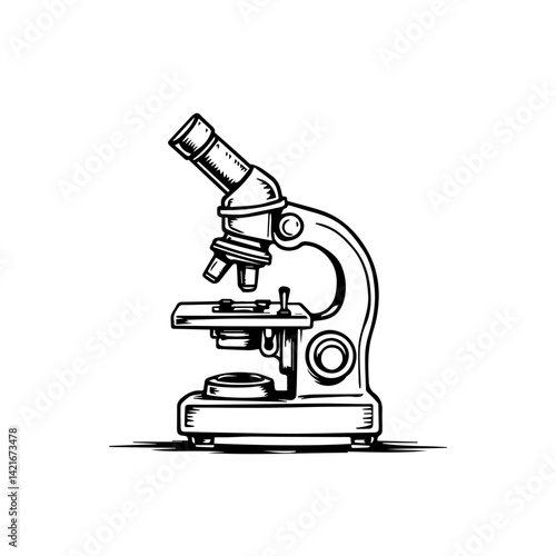 Scientific microscope illustration in black and white style  