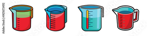Different colorful measuring jugs with fluid at various levels in each jug