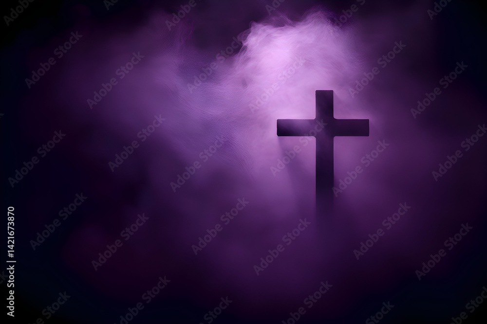 Obraz premium Christian Cross in Purple Mist – Symbol of Faith and Spiritual Reflection