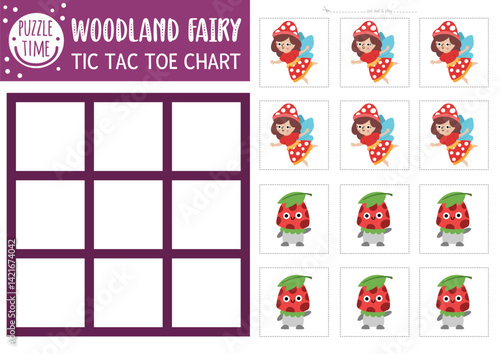 Vector fairyland tic tac toe chart with cute fairy and mushroom. Woodland princess board game playing field with fantasy character. Funny printable worksheet. Magic forest noughts and crosses grid