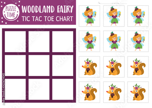 Vector fairyland tic tac toe chart with cute fairy and squirrel. Woodland princess board game playing field with fantasy character. Funny printable worksheet. Magic forest noughts and crosses grid