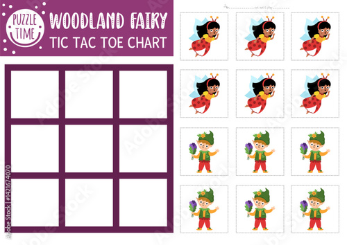 Vector fairyland tic tac toe chart with cute fairy and elf. Woodland princess board game playing field with fantasy character. Funny printable worksheet. Magic forest noughts and crosses grid