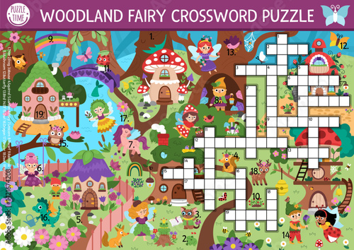 Vector fairyland crossword puzzle for kids. Simple quiz with magic forest landscape for children. Educational activity with fairy, house, elf, dragon. Cross word with fantasy woodland scene