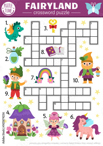 Vector fairyland crossword puzzle for kids. Simple quiz with fairy, elf, dragon, unicorn, dwarf, house, rainbow for children. Cute woodland educational cross word activity with magic creatures