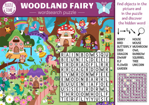 Vector fairyland wordsearch puzzle for kids. Simple word search quiz with magic forest landscape for children. Educational activity with fairy, house, dragon. Cross word with fantasy woodland scene