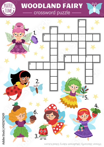 Vector fairyland crossword puzzle for kids. Simple quiz with cute flower, bug, acorn, swamp, berry fairy for children. Cute woodland educational cross word activity with magic creatures
