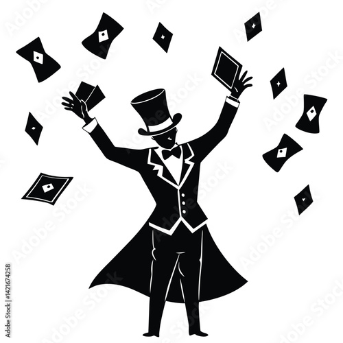 Magician Silhouette: Top Hat, Tuxedo, Card Trick, Magic Show, Black and White Vector Illustration, Performing Arts, Entertainment Icon