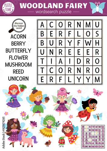 Vector fairyland wordsearch puzzle for kids. Simple wordsearch quiz with cute flower, acorn, swamp, berry fairy for children. Cute woodland educational cross word activity with magic girls
