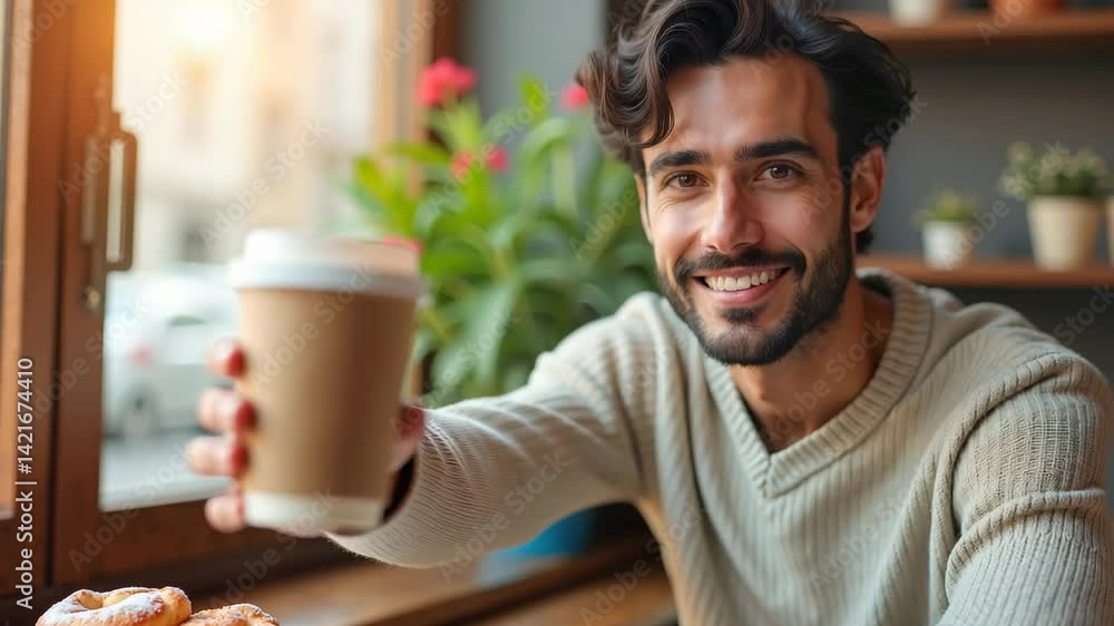 Young cheerful man with dark wavy hair offering coffee in kraft cup in cozy cafe with plants near window during sunny morning. 4K, motion Young cheerful man with dark wavy hair offering coffee in kraft cup in cozy cafe with plants near window during sunny morning. 4K, motion