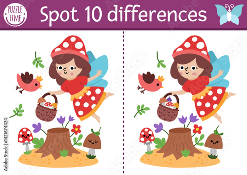 Find differences game for children. Fairyland educational activity with cute mushroom fairy, tree stump, bird. Magic forest puzzle for kids. Fairytale printable worksheet, page with fantasy girl
