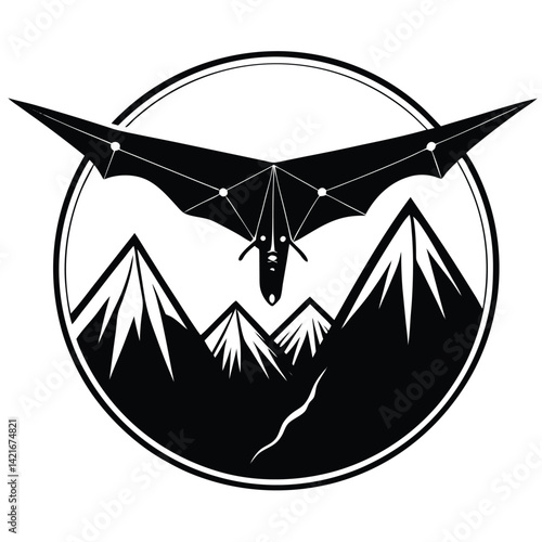 Hang Gliding Over Mountains Logo: Black & White Vector Illustration of Glider Silhouette in Circular Design for Adventure Sports