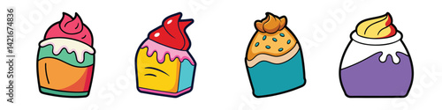 Illustration of four stylized cupcakes with frosting and colorful cupcake liners